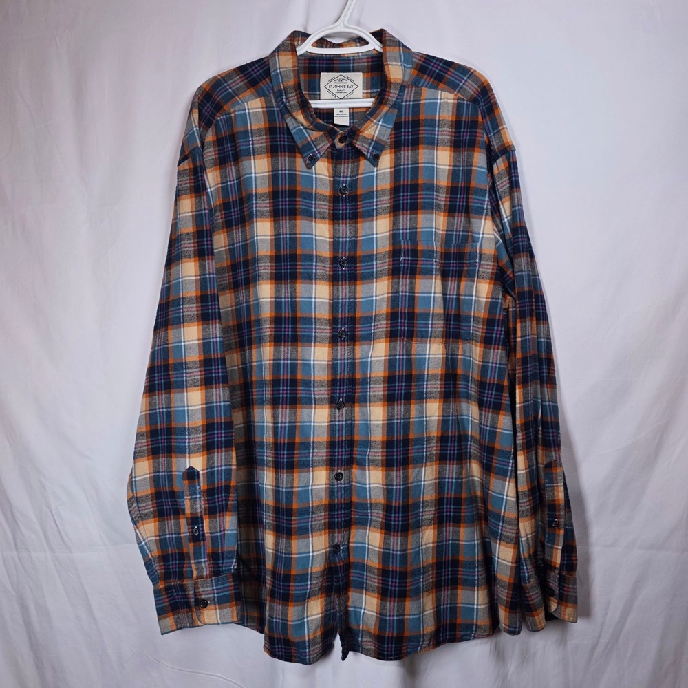 St Johns Bay Flannel Shirt Mens 4XL Orange Blue Plaid Long Sleeve Classic Fit